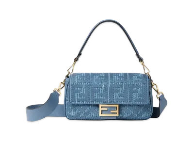 FENDI Women's Baguette Bag in Woven Raffia With FF Embroidery "Blue"