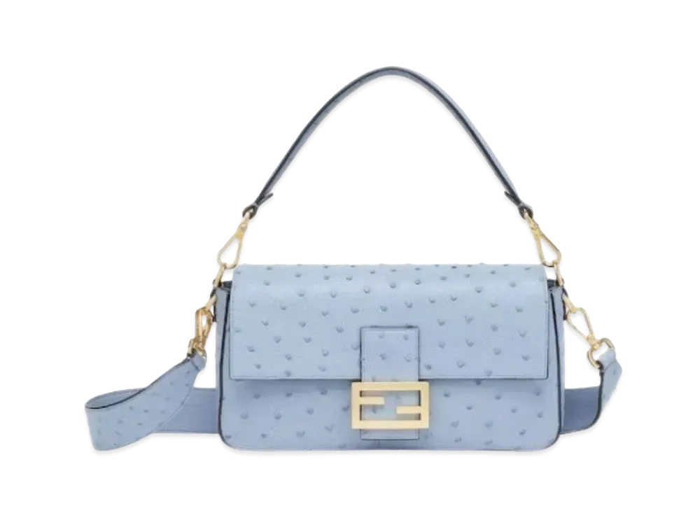 FENDI Baguette Ostrich Leather Bag "Light Blue"