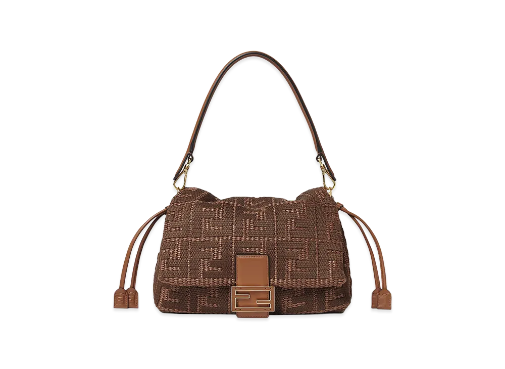 FENDI Women's Mamma Baguette Medium Woven Raffia Bag With FF Sellier Embroidery "Brown"