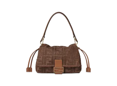 FENDI Women's Mamma Baguette Medium Woven Raffia Bag With FF Sellier Embroidery "Brown"