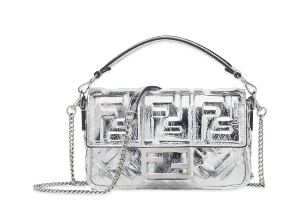 FENDI Baguette Small Clacelle Leather Bag FF Motif "Silver"