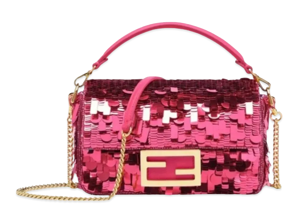 FENDI Baguette Small Sequin and Leather Bag "Fuchsha"
