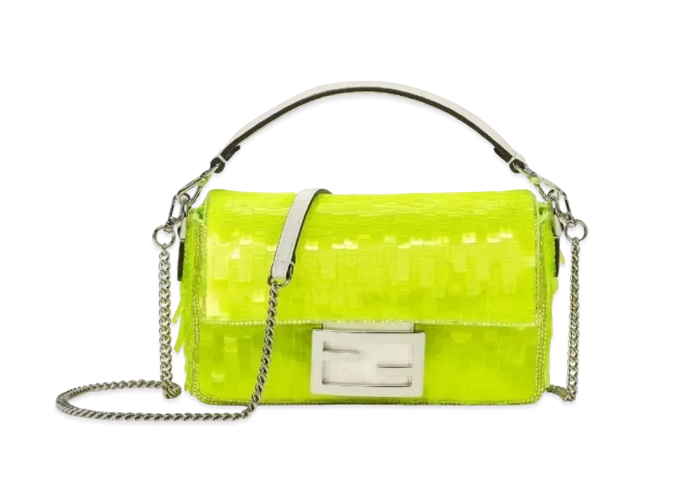 FENDI Baguette Mini Elaphe and Sequin Bag "Neon Yellow"
