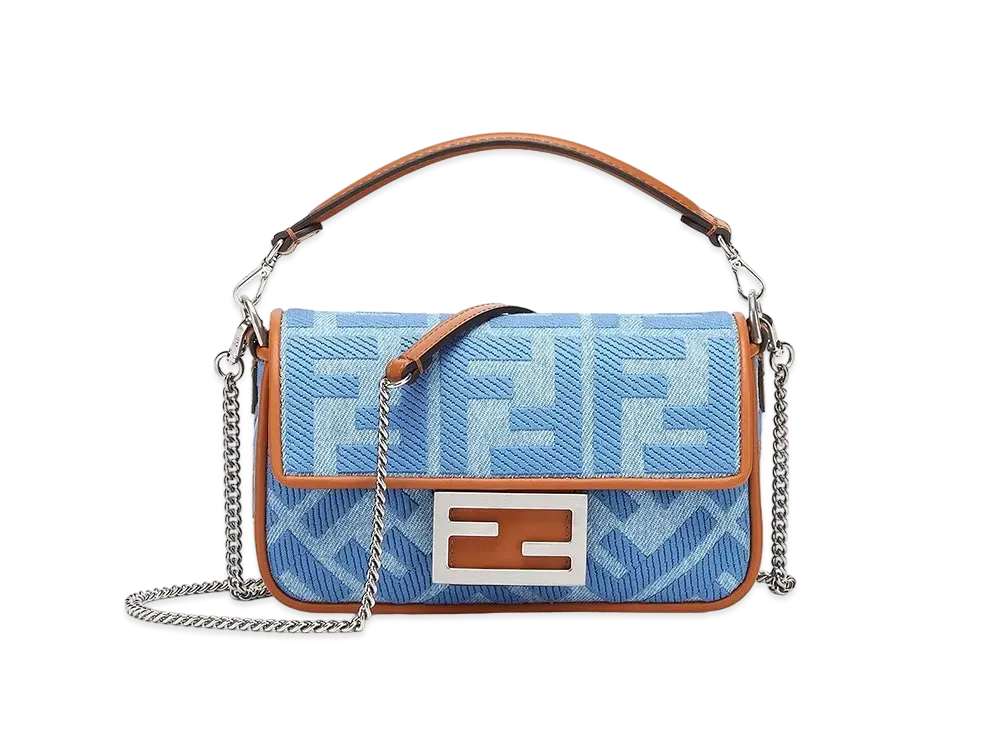 FENDI Baguette Small Denim Bag FF Embroidery "Light Blue"