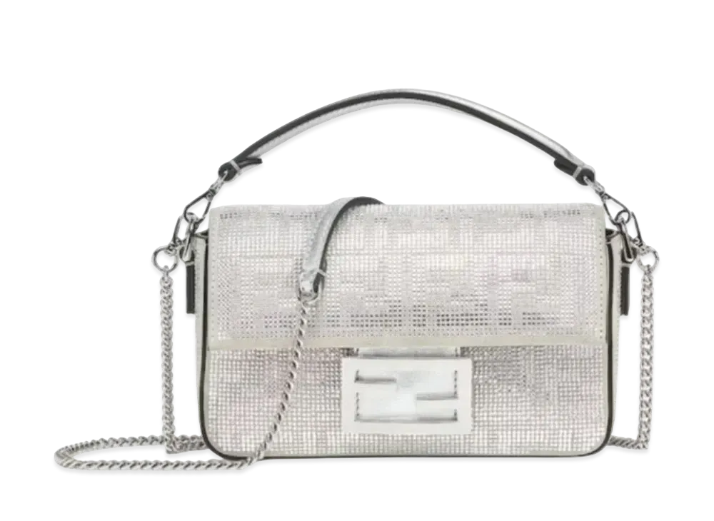 FENDI Baguette Small Leather Bag Crystal FF Motif "Silver"