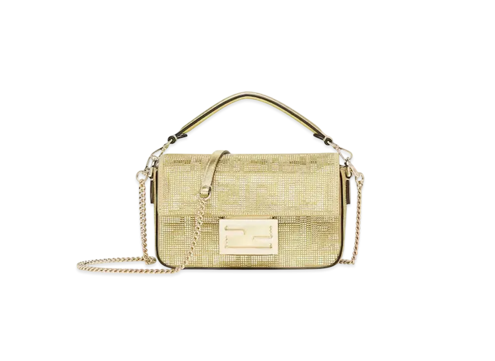 FENDI Baguette Mini Suede Bag with FF in Crystals and Studs "Gold"