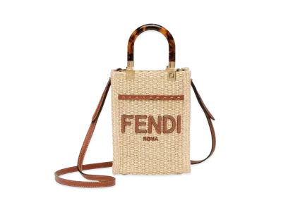 FENDI Sunshine Mini Shopper In Natural Straw "Beige"
