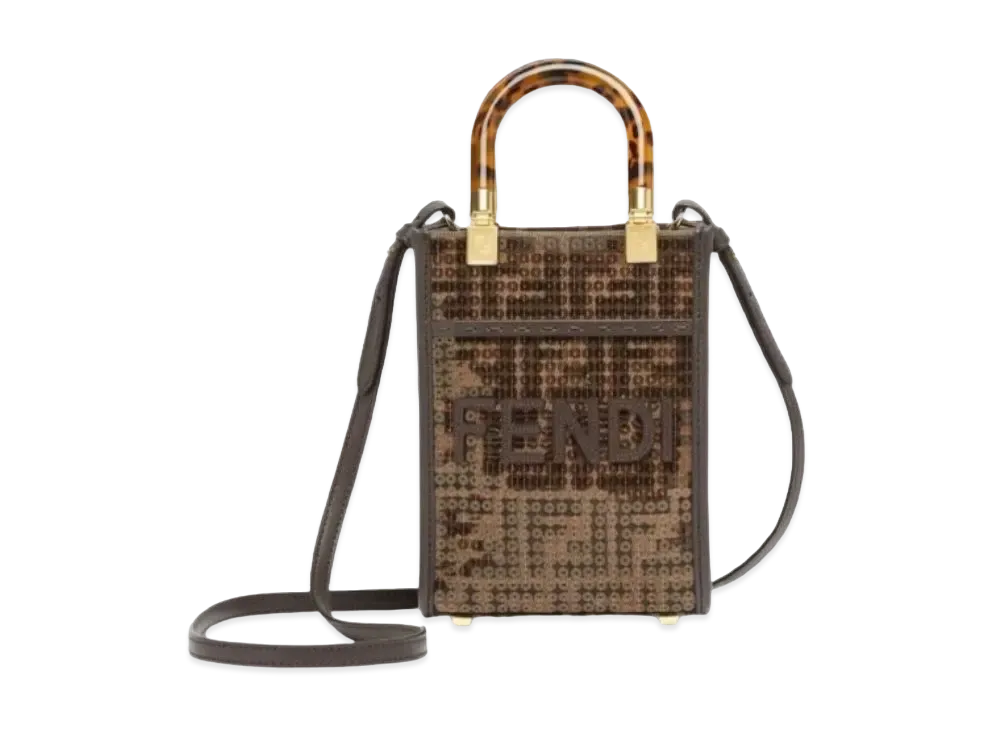 FENDI Mini Sunshine Shopper FF Jacquard Fabric Mini Bag with Sequins "Brown"