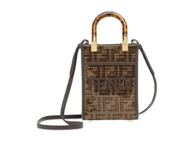 FENDI Mini Sunshine Shopper FF Jacquard Fabric Mini Bag with Sequins "Brown"