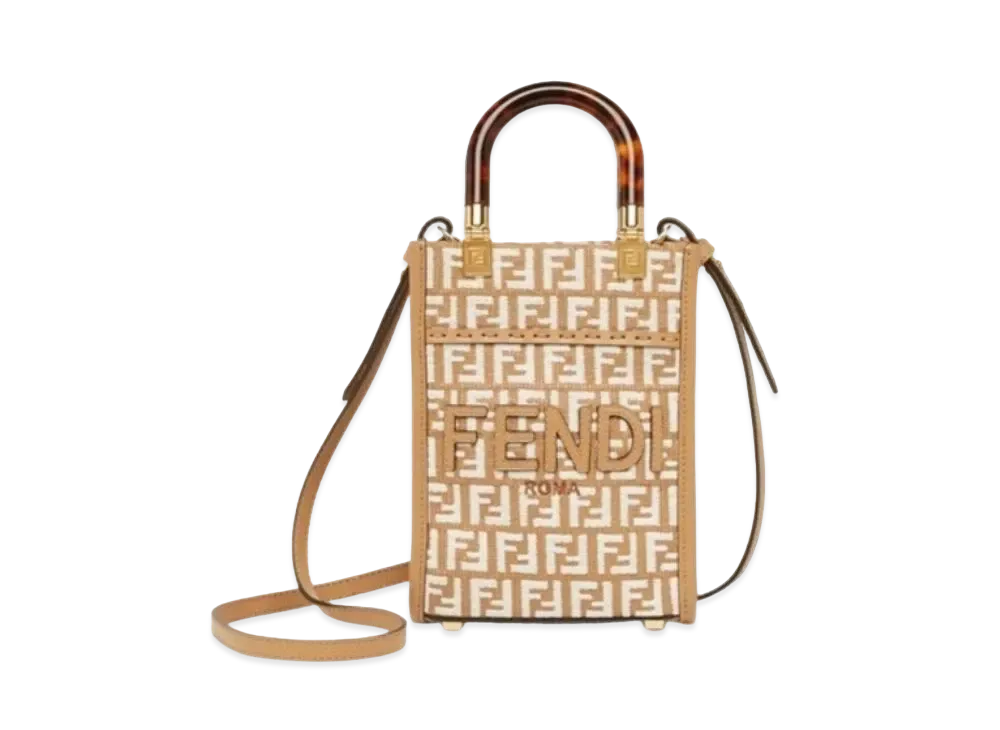 FENDI Sunshine Shopper Raffia Mini Bag Tapestry Fabric FF Motif "White"
