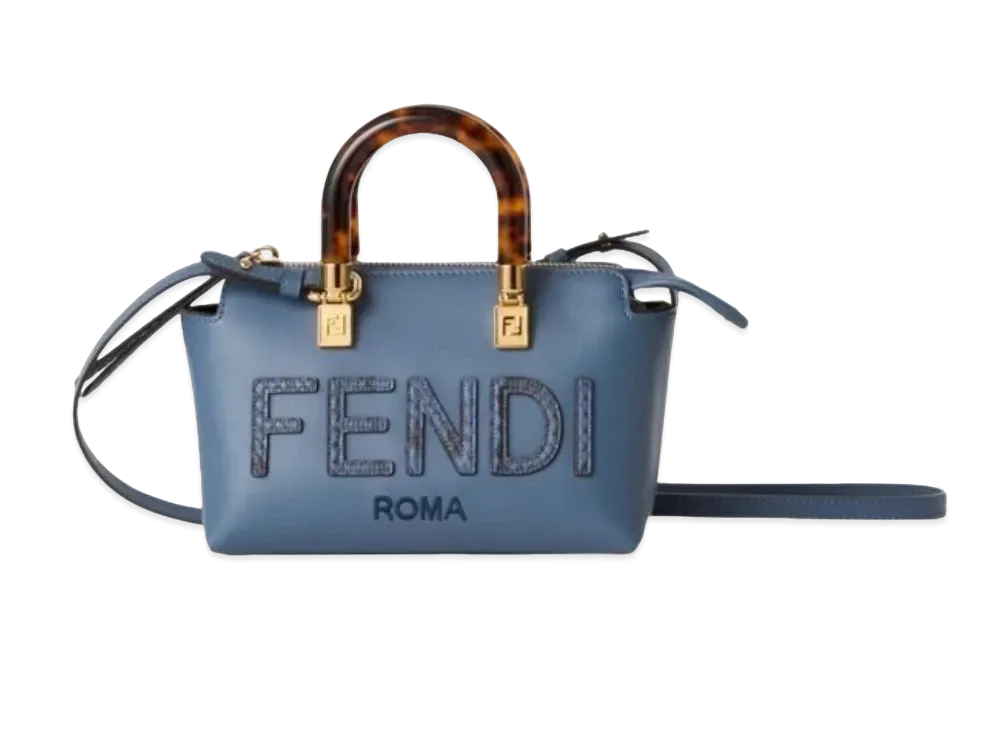 FENDI By The Way Mini Small Leather and Elaphe Boston Bag "Blue"