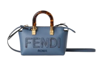 FENDI By The Way Mini Small Leather and Elaphe Boston Bag "Blue"
