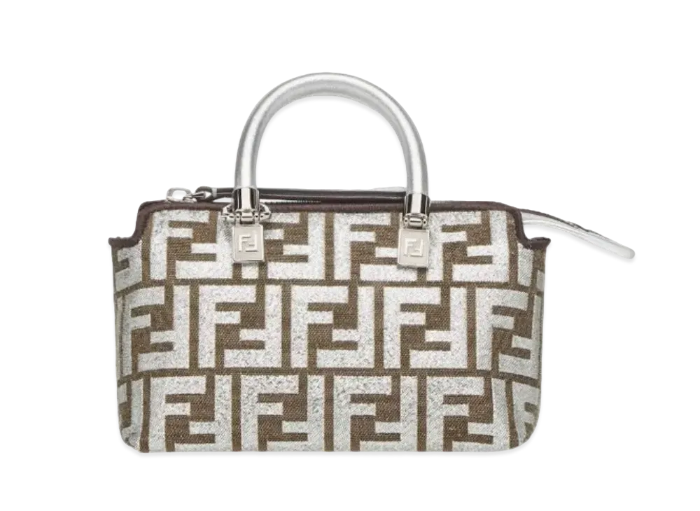 FENDI By The Way Mini Laminated FF Jacquard Fabric Boston Bag "Silver"