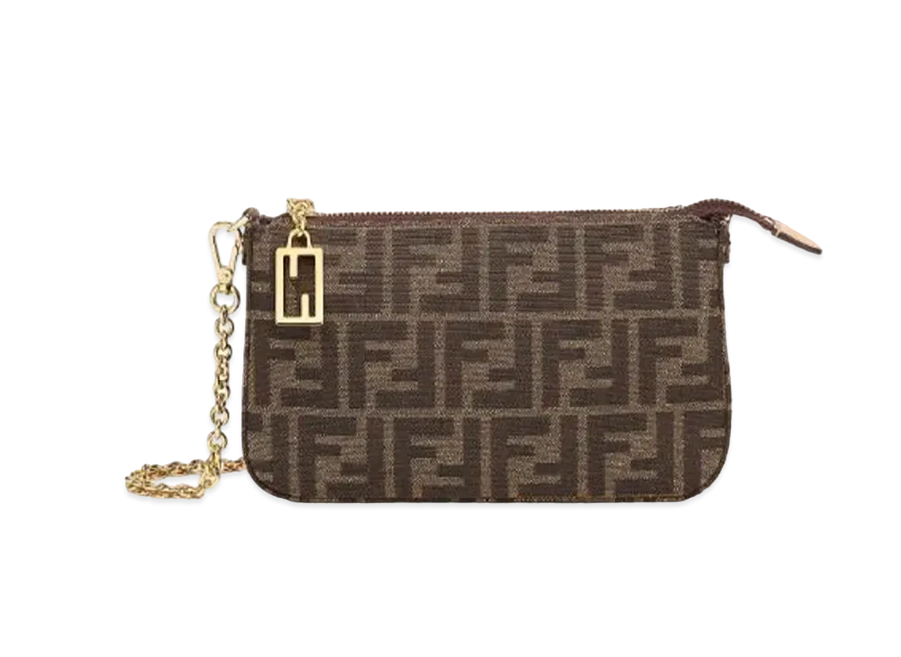 FENDI Baguette Slim Clutch Jacquard FF Fabric Clutch Bag with Chain "Brown"