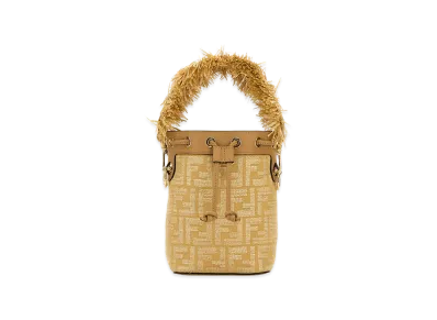 FENDI Women's Embroidered Raffia Mini Mon Tresor Bucket Bag "Beige"