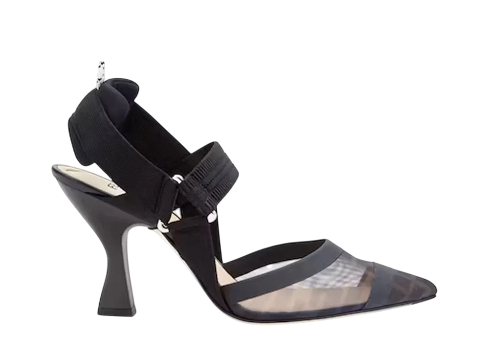 FENDI Women's Colibri Leather and Mesh, High-Heeled Slingbacks "Black"