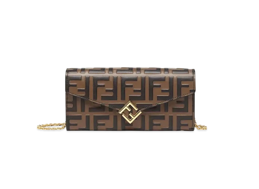 FENDI FF Diamonds Continental with Chain FF Leather Wallet "Brown"