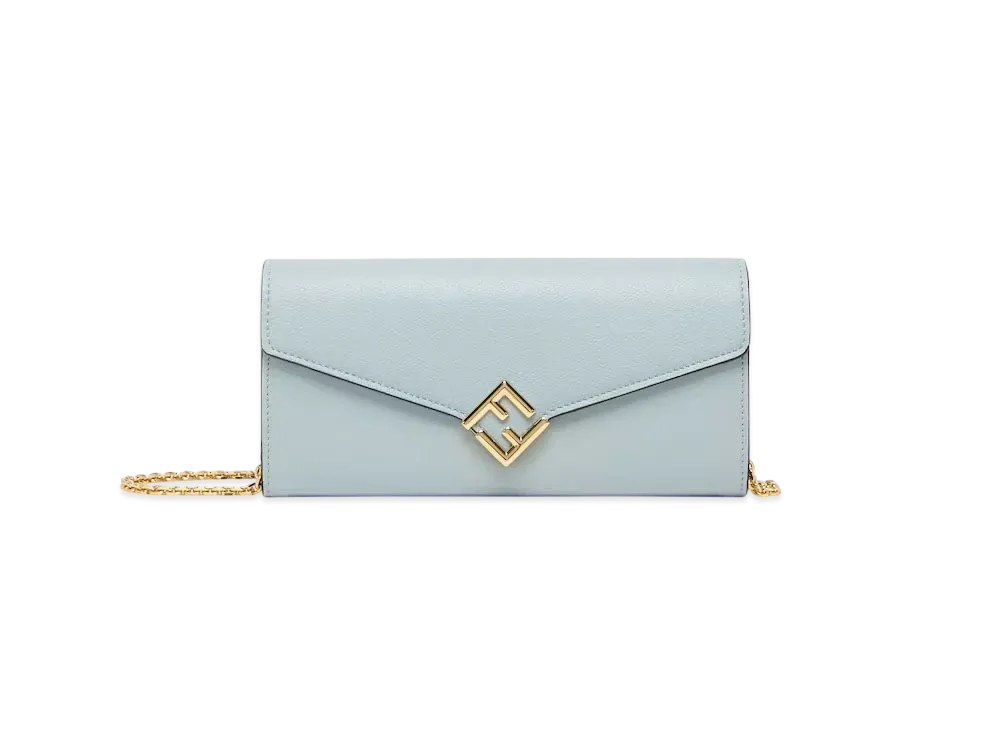 FENDI FF Diamonds Continental with Chain Leather Wallet "Light Blue"