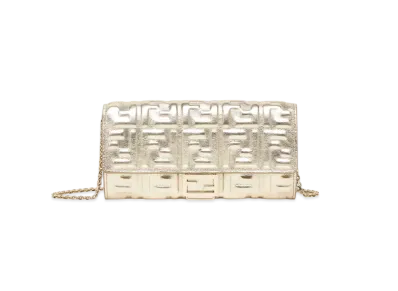 FENDI Baguette Continental Wallet with Chain FF Metallic Leather "Gold"