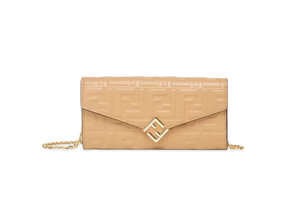 FENDI FF Diamonds Continental with Chain FF Leather Wallet "Brown"