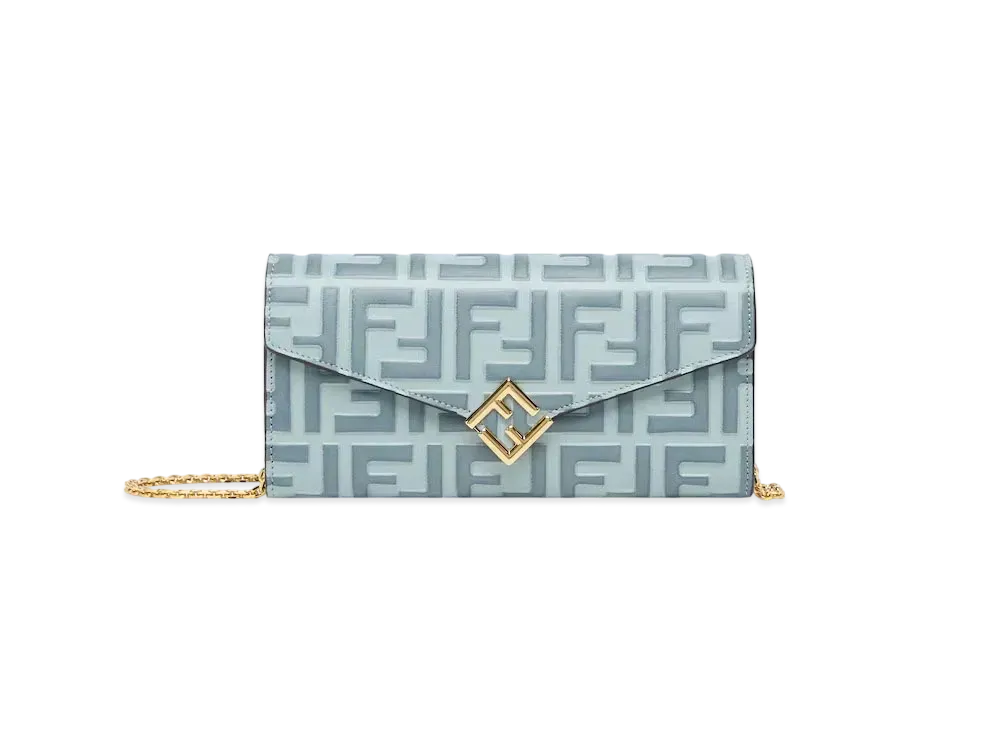FENDI FF Diamonds Continental with Chain FF Leather Wallet "Light Blue/Blue"