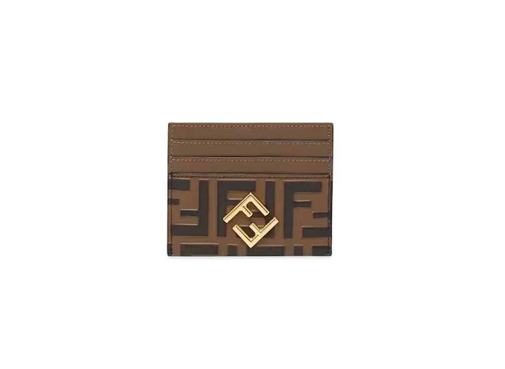 FENDI FF Diamonds Card Case FF Leather Flat Card Holder "Brown"