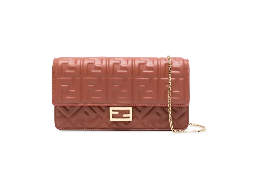 FENDI Women's Shoulder Wallet On Chain Baguette In Nappa Leather With FF Motif "Rust Brown"