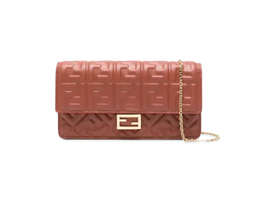 FENDI Women's Shoulder Wallet On Chain Baguette In Nappa Leather With FF Motif "Rust Brown"