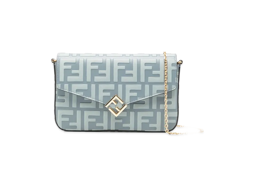 FENDI Women's FF Diamonds Leather Wallet On Chain "LIght Blue"