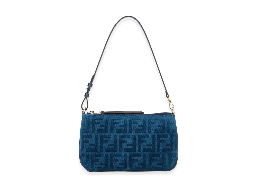 FENDI Women's Flat Baguette FF Flock Denim Slim Clutch Shoulder Strap "Blue"