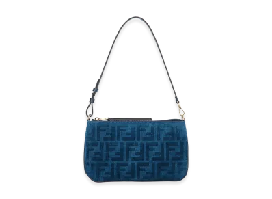 FENDI Women's Flat Baguette FF Flock Denim Slim Clutch Shoulder Strap "Blue"