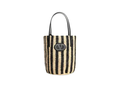 Valentino Women's Bucket Bag Vlogo Signature Crochet Rafia /Vac.Liscia/Vit.St. "Striped/Black"