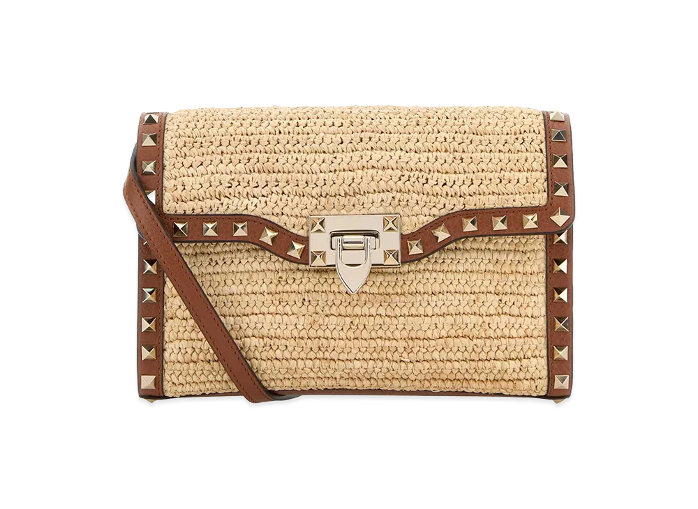 Valentino Women's Raffia Rockstud Crossbody Bag "Beige"