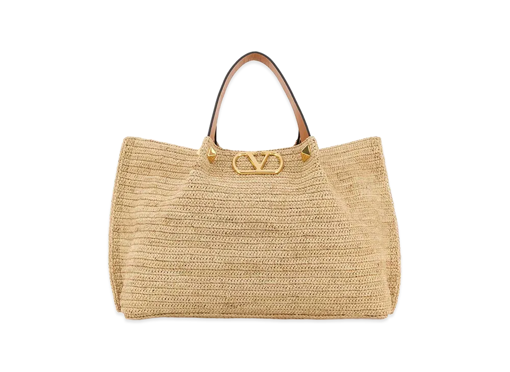 Valentino Women's Raffia V Logo Signature Shopping Bag "Beige"