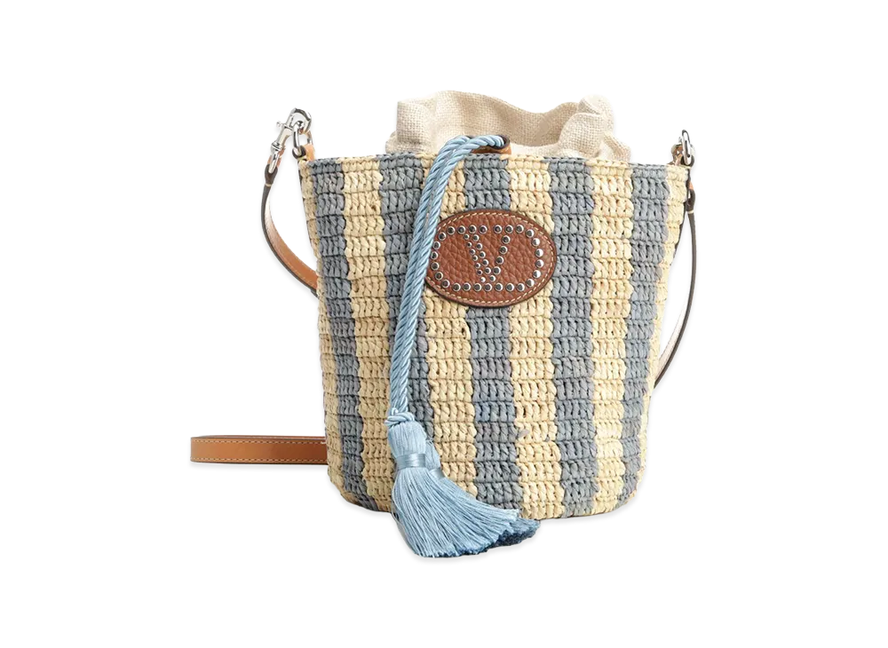 Valentino Women's Small Bucket Bag Vlogo Signature Crochet Rafia /Lino/Vac.Liscia/To "Striped/Light Blue"