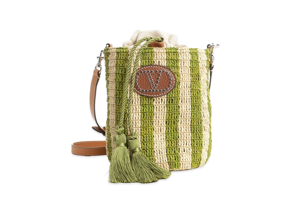 Valentino Women's Small Bucket Bag Vlogo Signature Crochet Rafia /Lino/Vac.Liscia/To "Striped/Green"