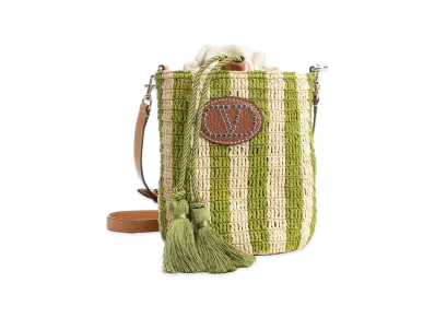 Valentino Women's Small Bucket Bag Vlogo Signature Crochet Rafia /Lino/Vac.Liscia/To "Striped/Green"