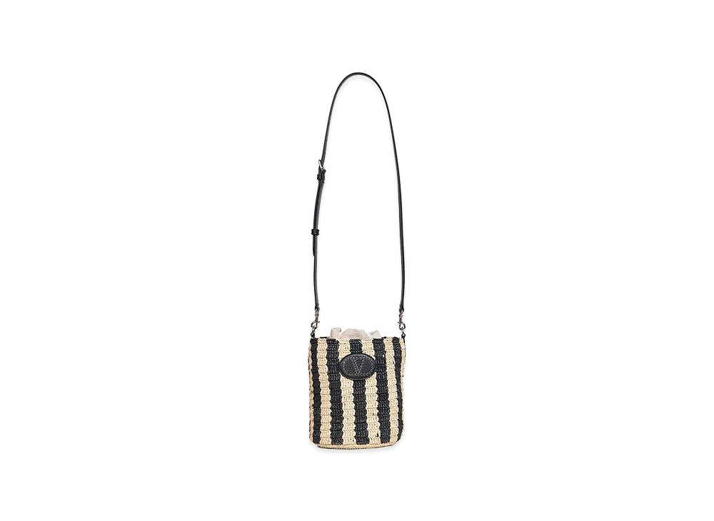 Valentino Women's Small Bucket Bag Vlogo Signature Crochet Rafia /Lino/Vac.Liscia/To "Striped/Black"