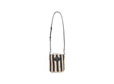 Valentino Women's Small Bucket Bag Vlogo Signature Crochet Rafia /Lino/Vac.Liscia/To "Striped/Black"