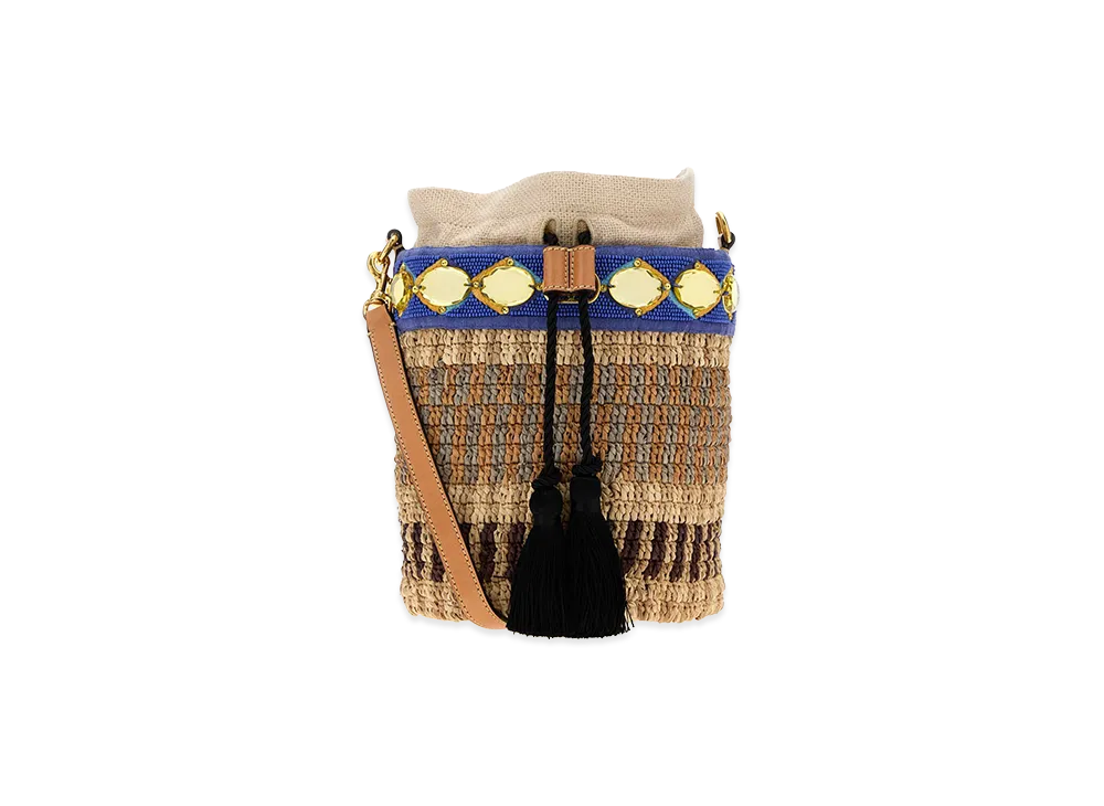 Valentino Women's Embroidered Raffia V Logo Signature Bucket Bag "Stripped"