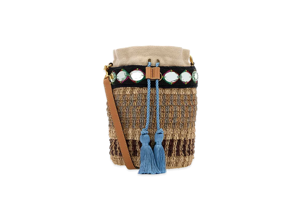 Valentino Women's Embroidered Raffia V Logo Signature Bucket Bag "Printed"
