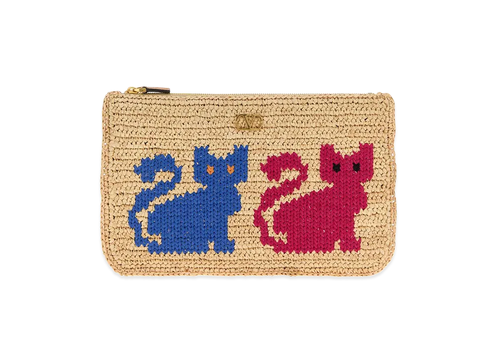 Valentino Women's Raffia V Logo Signature Clutch "Beige"