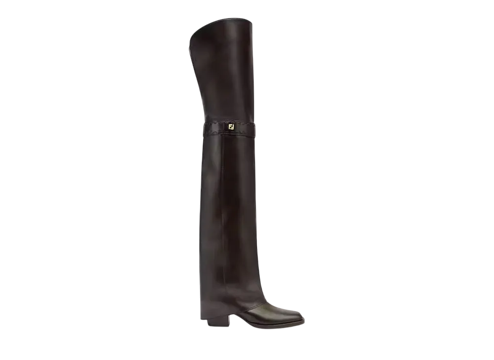 FENDI Women's Show Leather Medium-Heeled Thigh-High Boots "Burgundy"