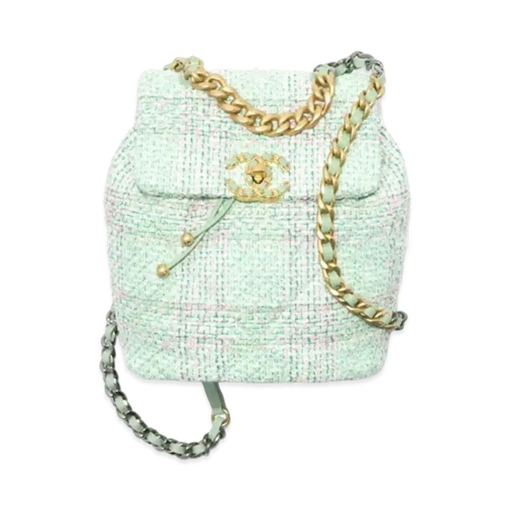CHANEL 19 Backpack Tweed Gold Tone Silver Tone & Ruthenium Finish Metal "Green/Pink/Turquoise"