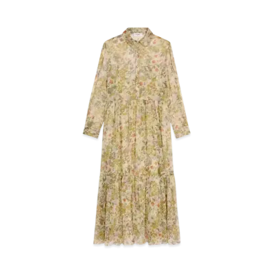 CELINE Women's Long Shirt Dress in Silk Crepon "Creme/Multicolore"