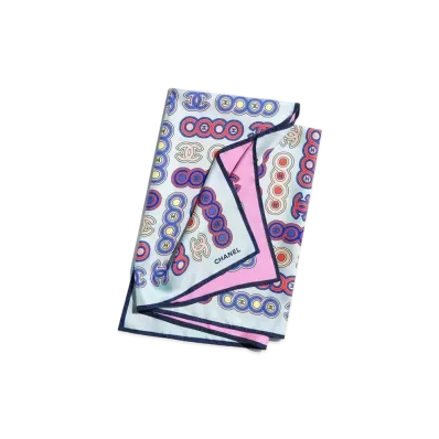 CHANEL Square Scarf Silk Twill "Light Blue/Pink"