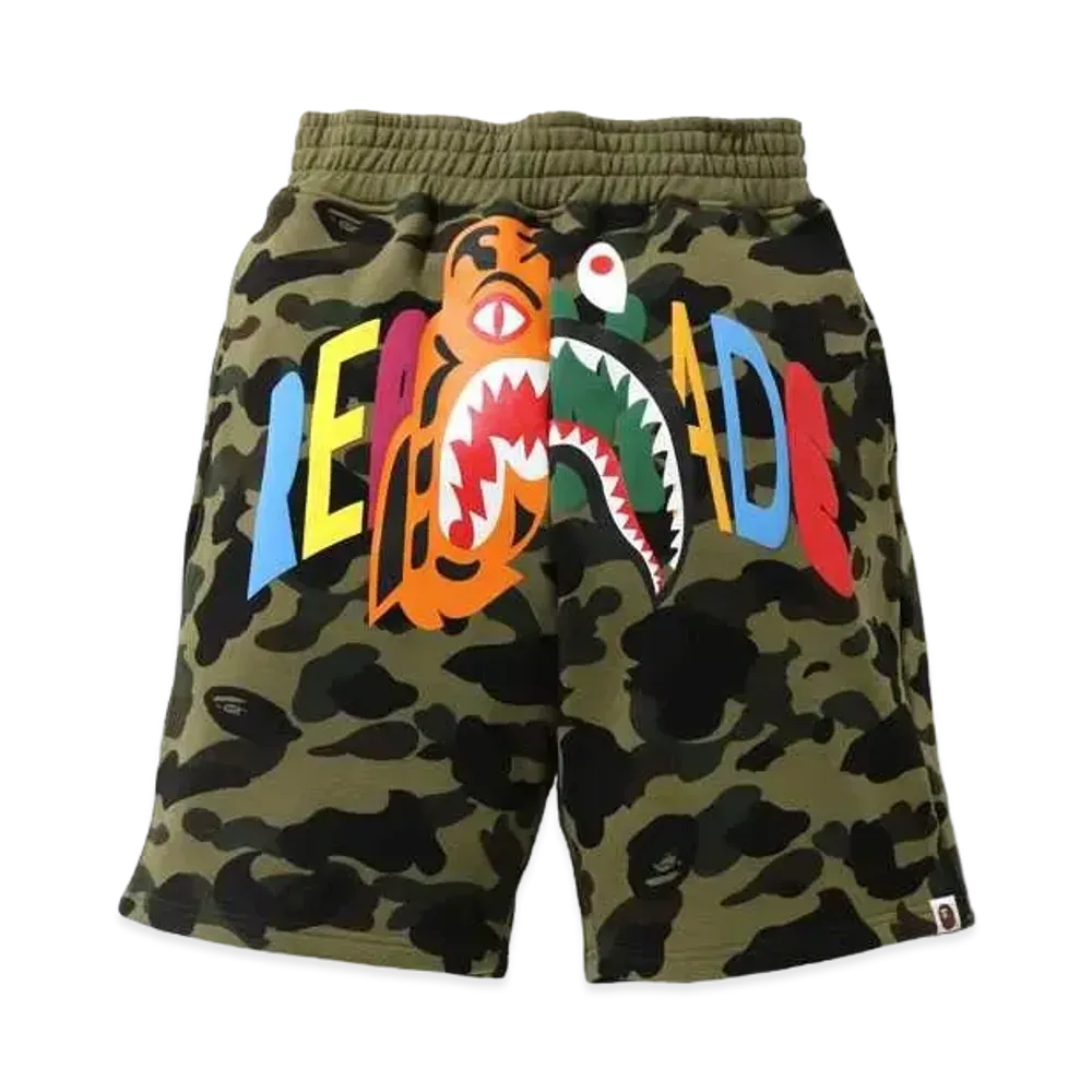 A BATHING APE / READYMADE TIGER SHARK WIDE SWEAT SHORTS "Camo"