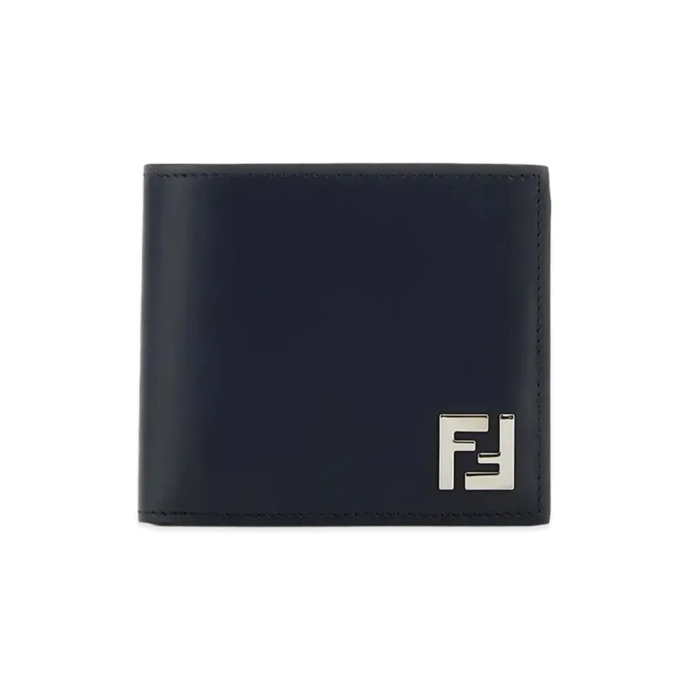 FENDI Squared FF Leather And FF Canvas Compact Bi-Fold Wallet "Blue"