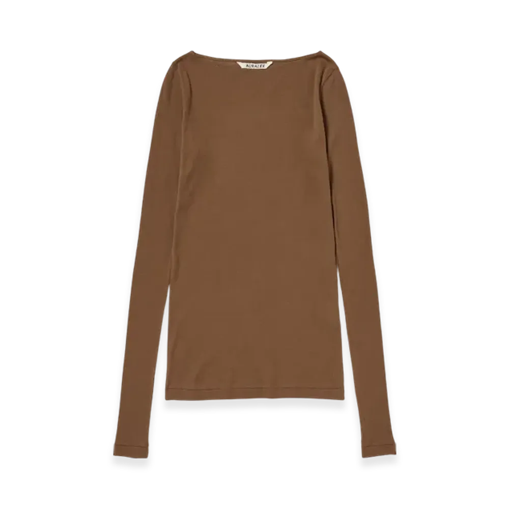AURALEE Super High Gauge Sheer Rib Boat Neck L/S Tee "Brown"