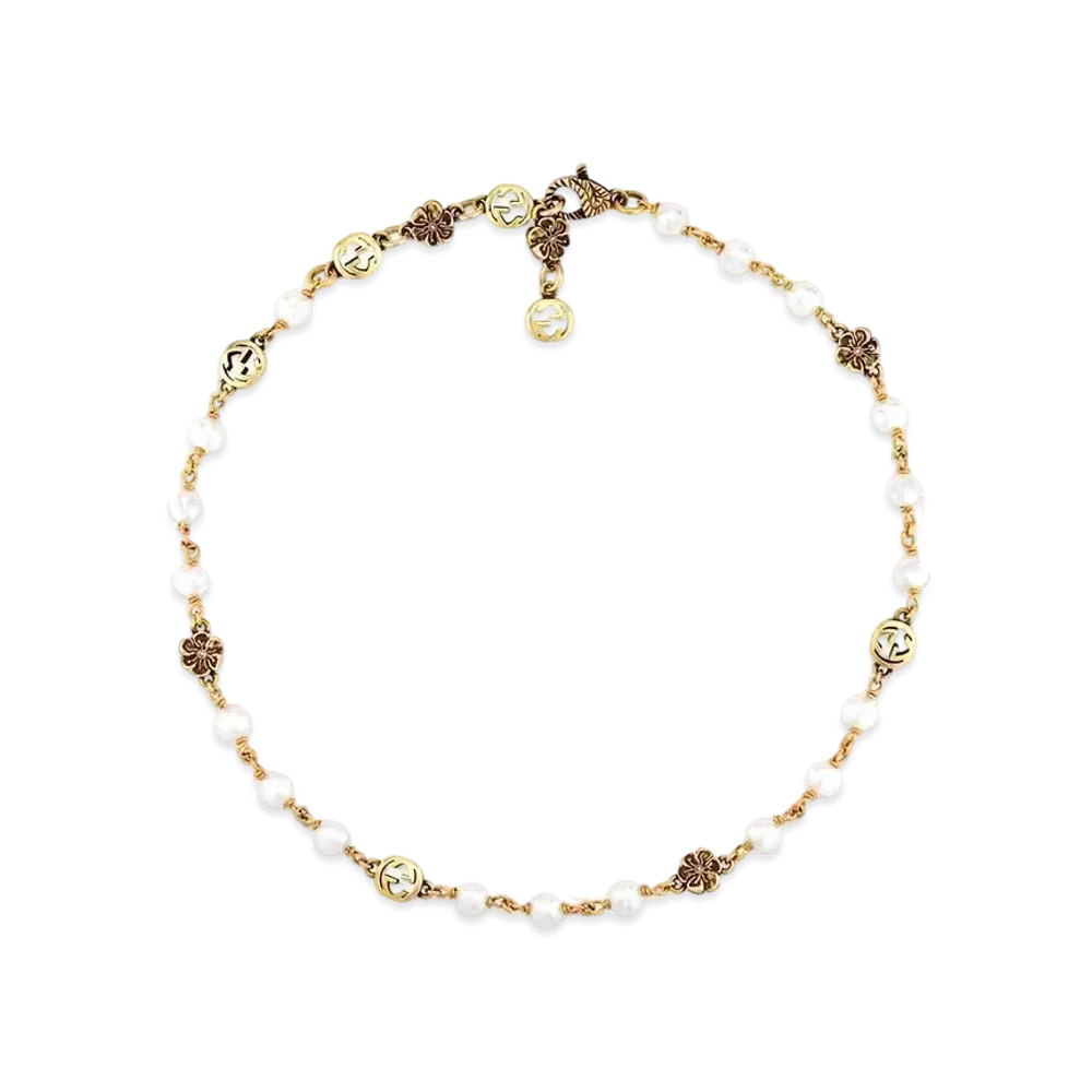GUCCI Interlocking G Flower Pearl Necklace
